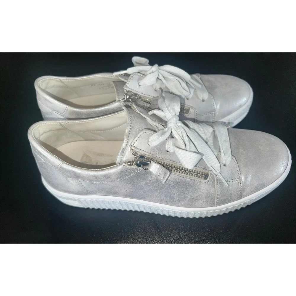 Gabor Best Fitting Silver Metallic Leather Side Zip Platform Sneakers Shoes 6